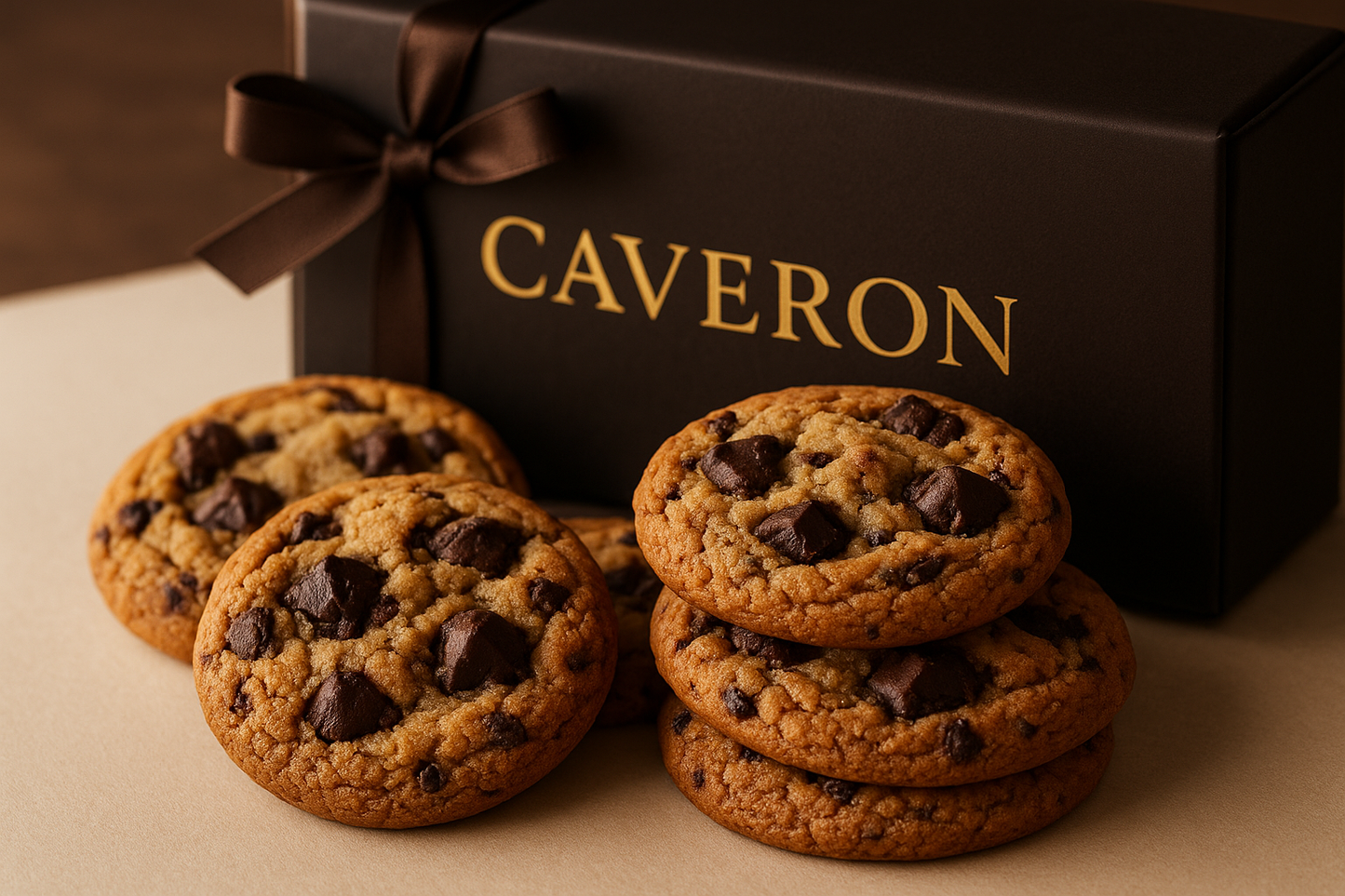Premium and luxury cookie and add a box in background and add text on box (CAVERON) in golden colour and stylish font